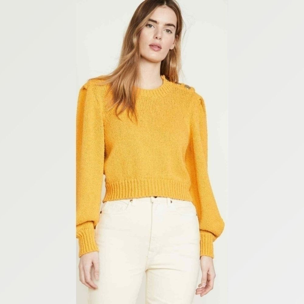 RONNY KOBO Sallynna Cropped Sweater Puff Sleeve Revolve Mango Gold Cotton L NWT